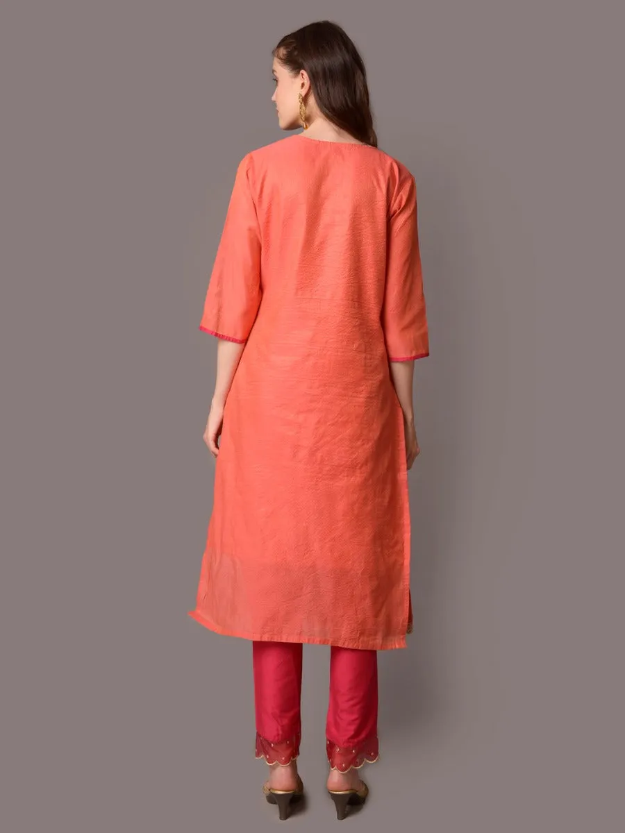 Women Orange Solid Kurta Trouser Dupatta