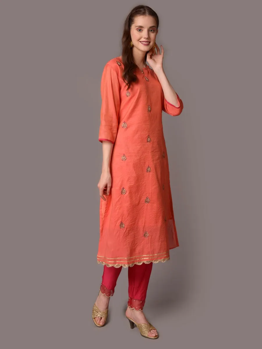 Women Orange Solid Kurta Trouser Dupatta