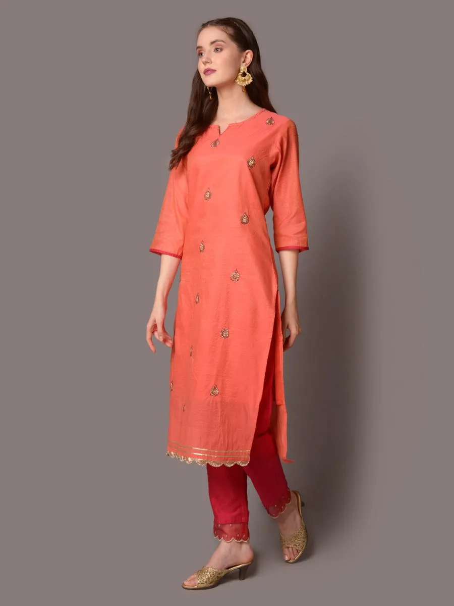 Women Orange Solid Kurta Trouser Dupatta