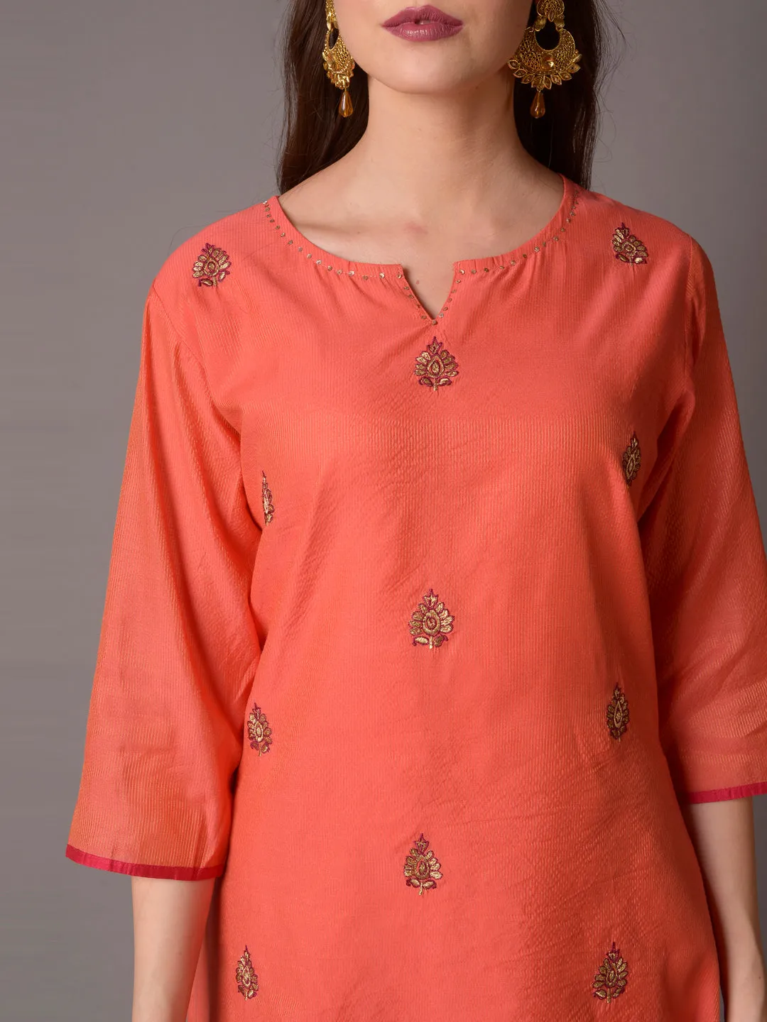 Women Orange Solid Kurta Trouser Dupatta