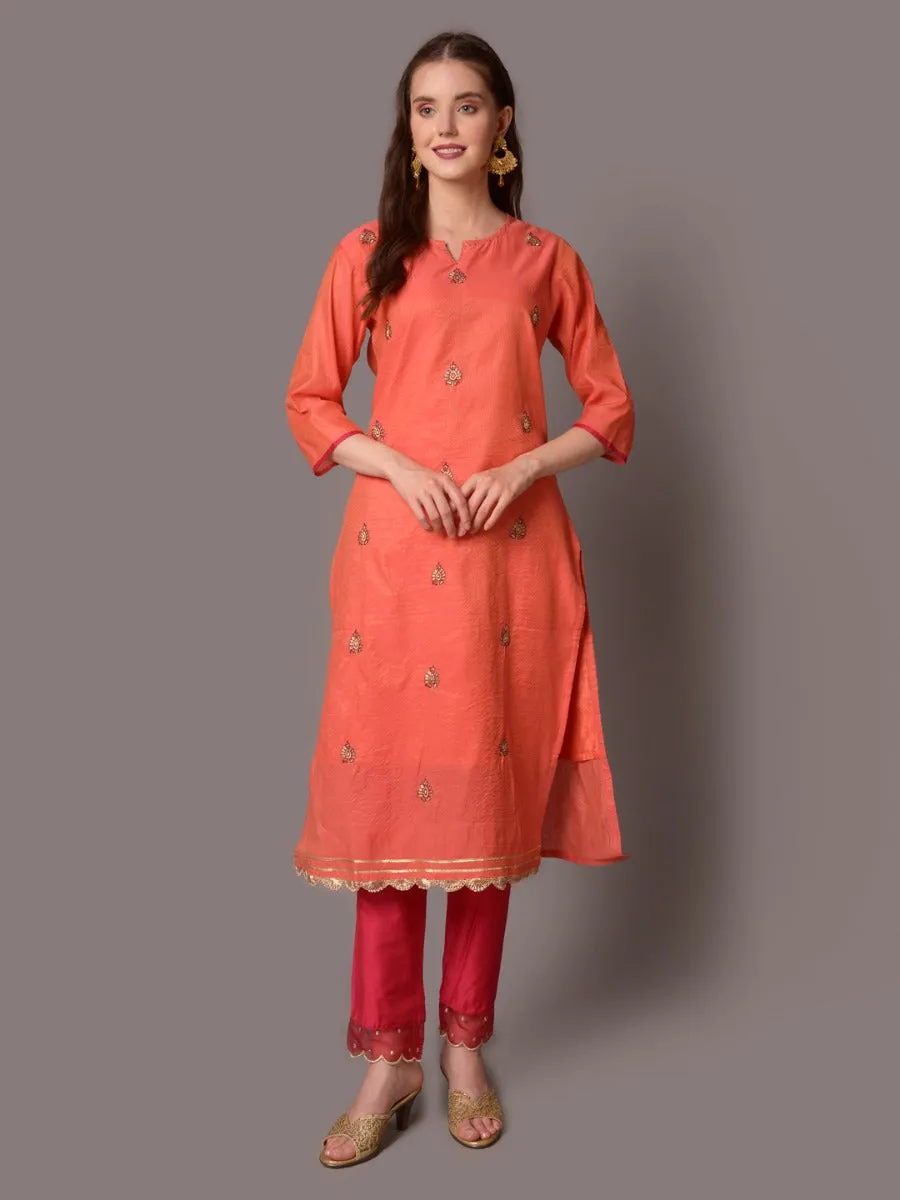 Women Orange Solid Kurta Trouser Dupatta
